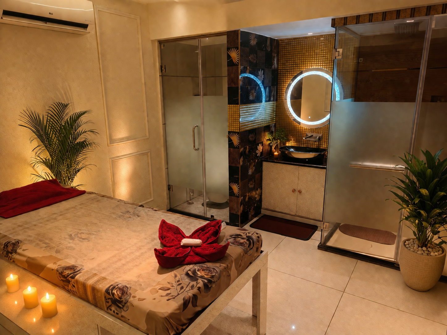 Massage bed with red towel art at Ocean Spa